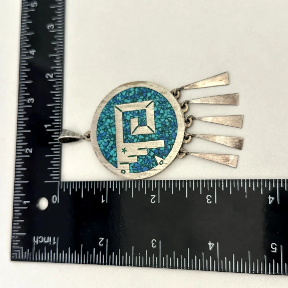 Vintage Taxco Mexico Sterling Turquoise Onyx Heavy Medallion Reversible Pendant